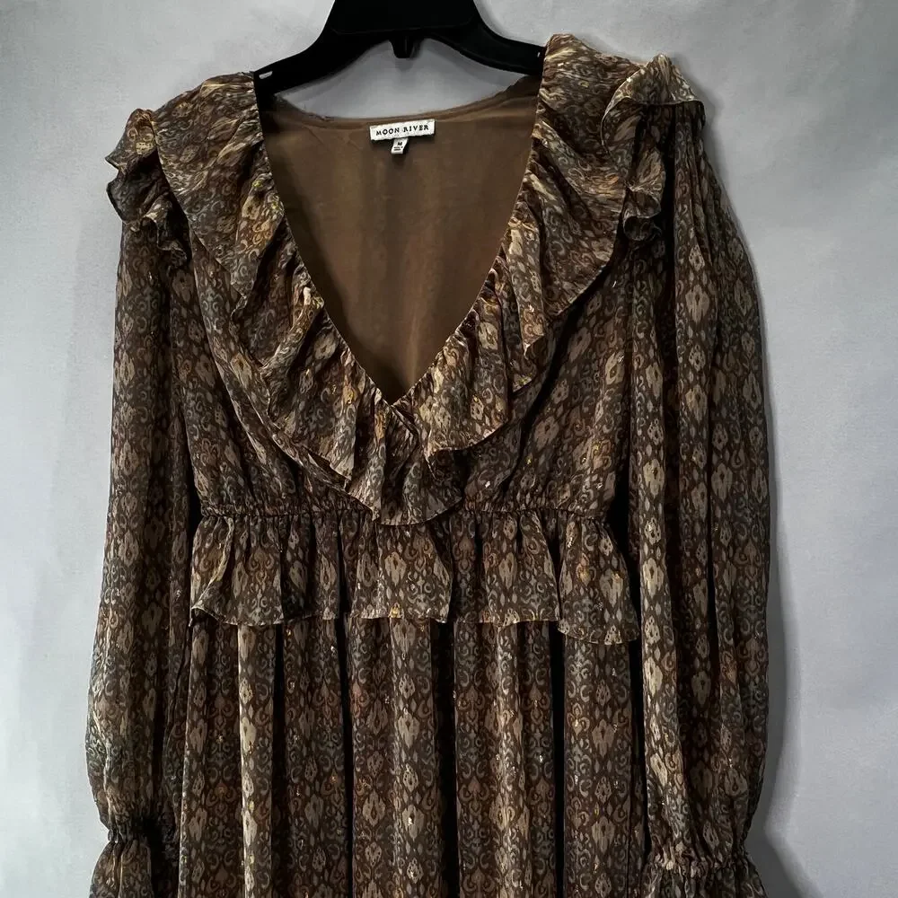 Moon River Cottegecore Ruffle Sleeve Maxi Dress Cinched Waist Neutral Size M - Picture 2 of 8